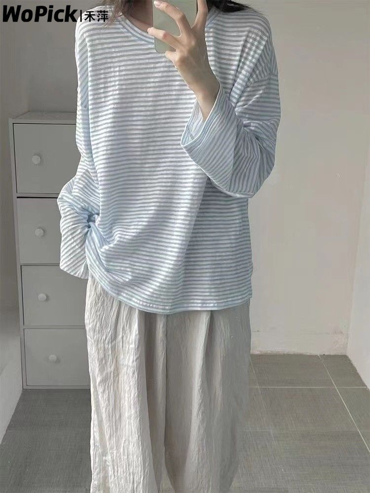 藍色條紋寬鬆顯瘦長袖打底t恤女秋季2023新款設計感小眾薄款上衣