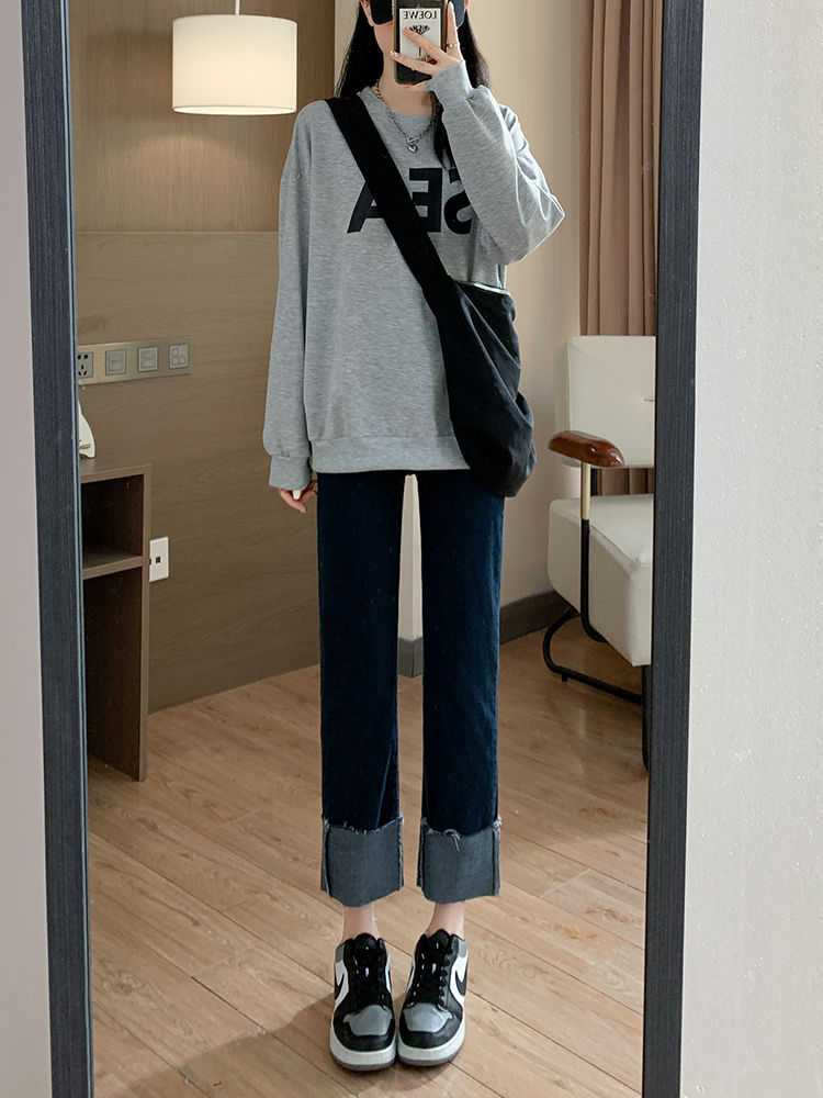 直筒翻邊牛仔褲女春秋季高腰顯瘦顯高大碼深藍色九分煙管褲ins潮