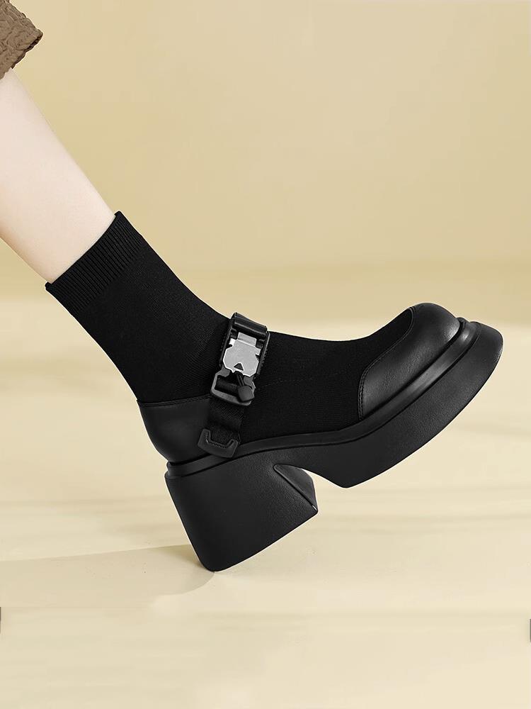 2023 new autumn and winter versatile fashionable thick-soled thick-heeled elastic stocking boots for women black slim boots platform sole women's boots