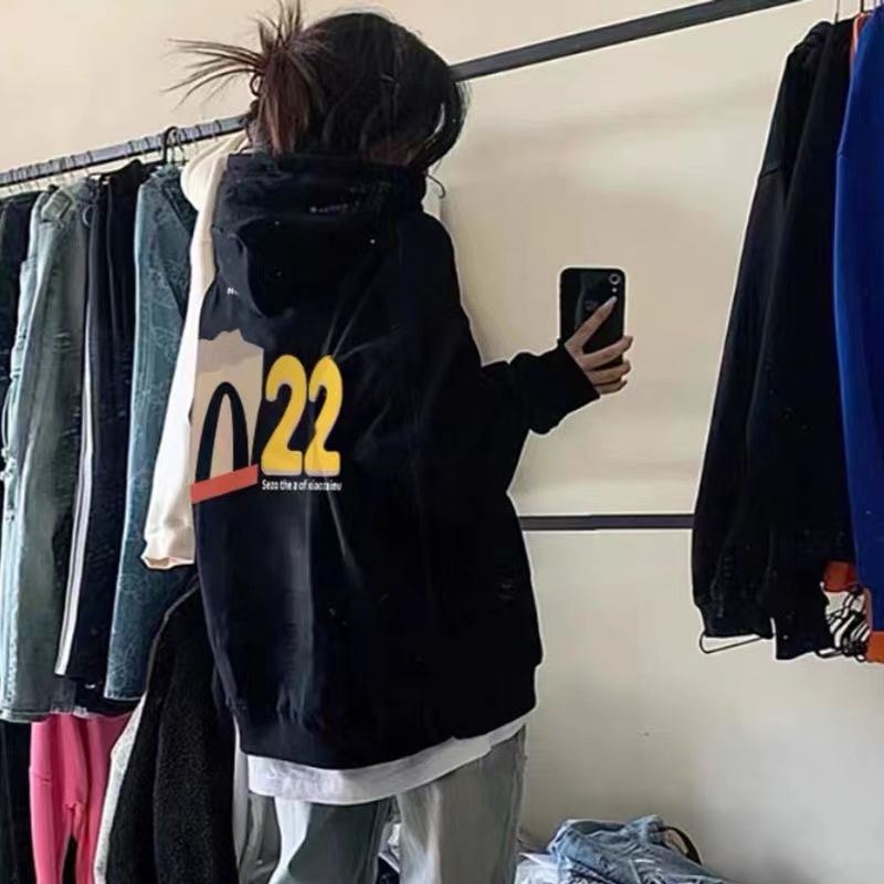 新款美式hiphop衛衣oversize寬鬆秋冬簡約時尚連帽長袖上衣女外套