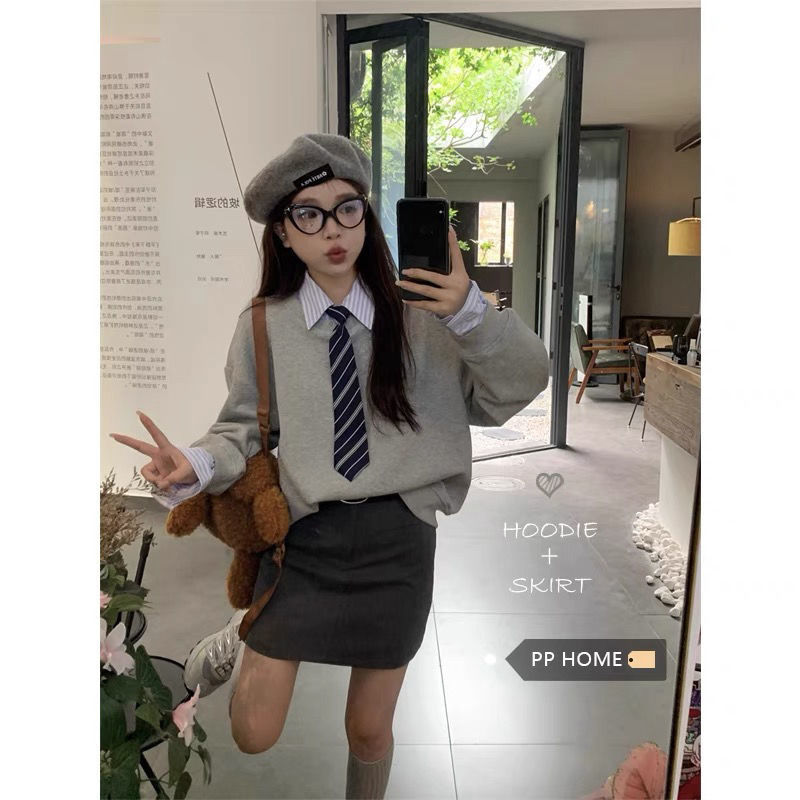 PPHOME美式甜心~灰色拼色襯衫假兩件衛衣+西裝半身短裙學院風套裝