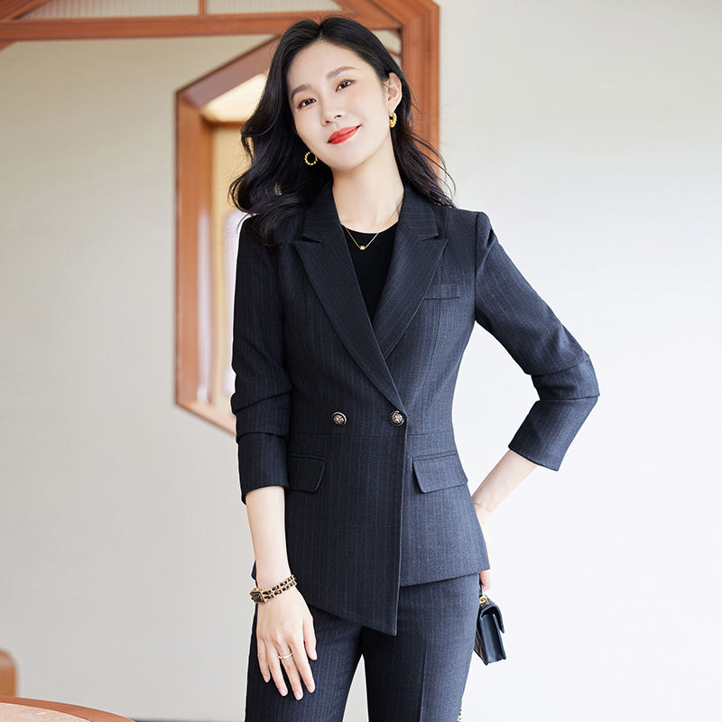 Blue suit suit for women spring and autumn new temperament professional wear hotel manager work clothes striped suit work clothes