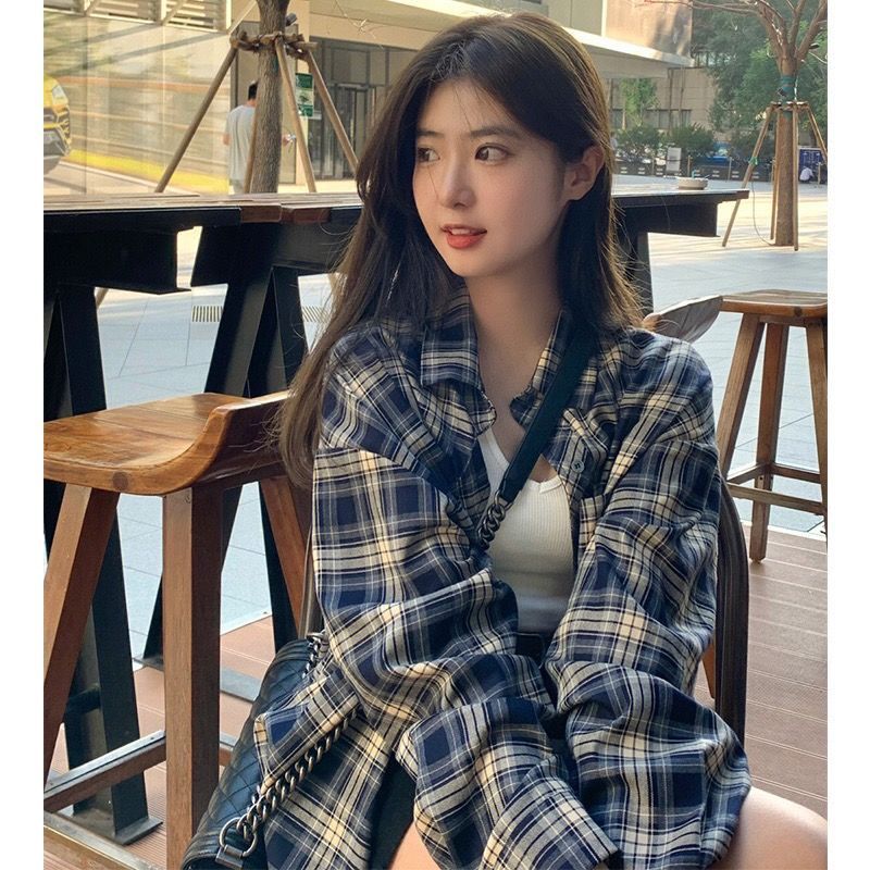 2023新款格子襯衫甜美防曬開衫外套女士春秋長袖襯衣韓系上衣夏