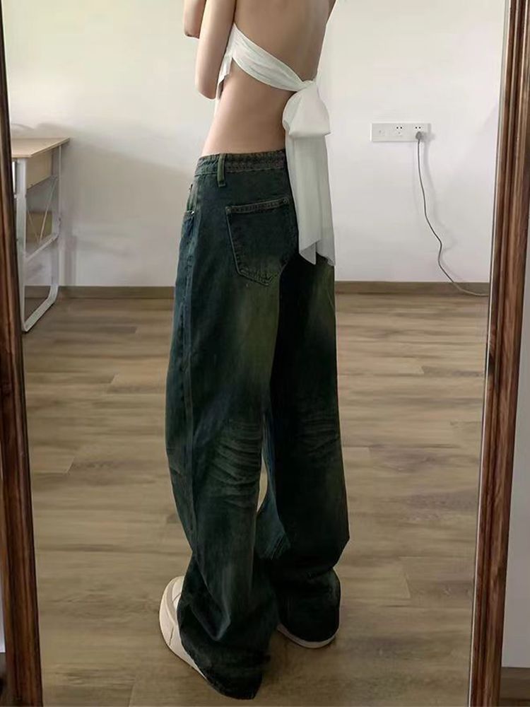美式復古微喇叭牛仔褲女秋季新款低腰闊腿顯瘦百搭直筒拖地褲子潮