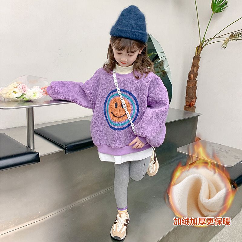 Girls' fleece sweatshirt autumn and winter 2023 new style children's winter clothing thickened woolen sweater fake two-piece top trendy