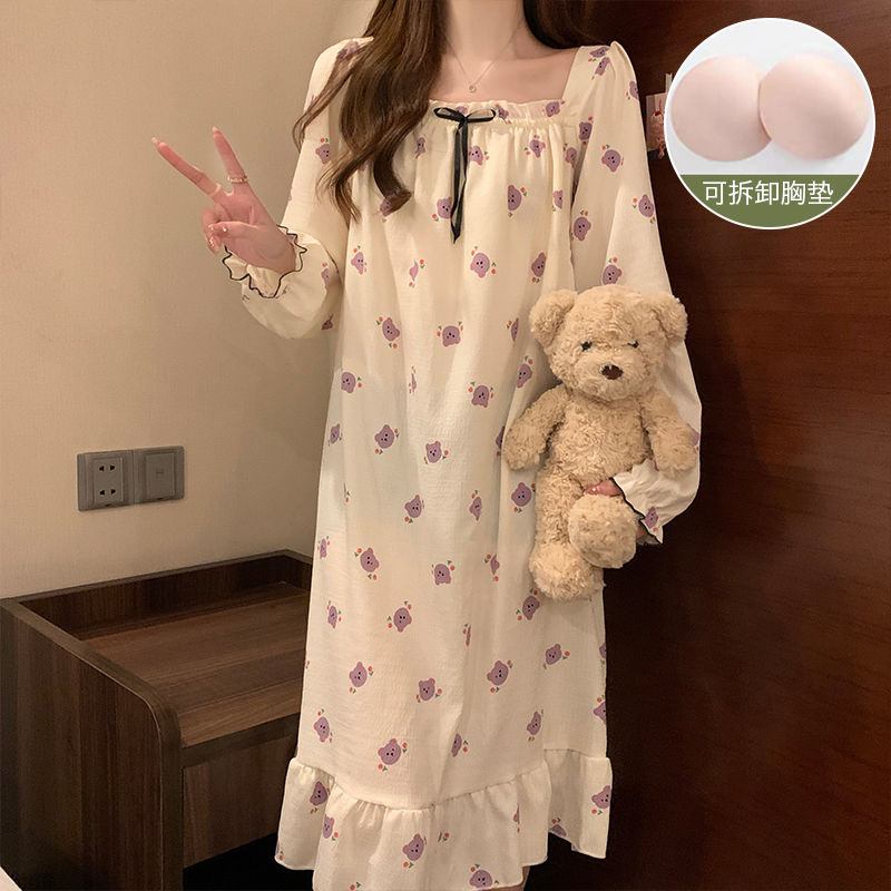 【帶胸墊】睡裙女2023年新款春秋季長款睡衣學生甜美風長袖家居服