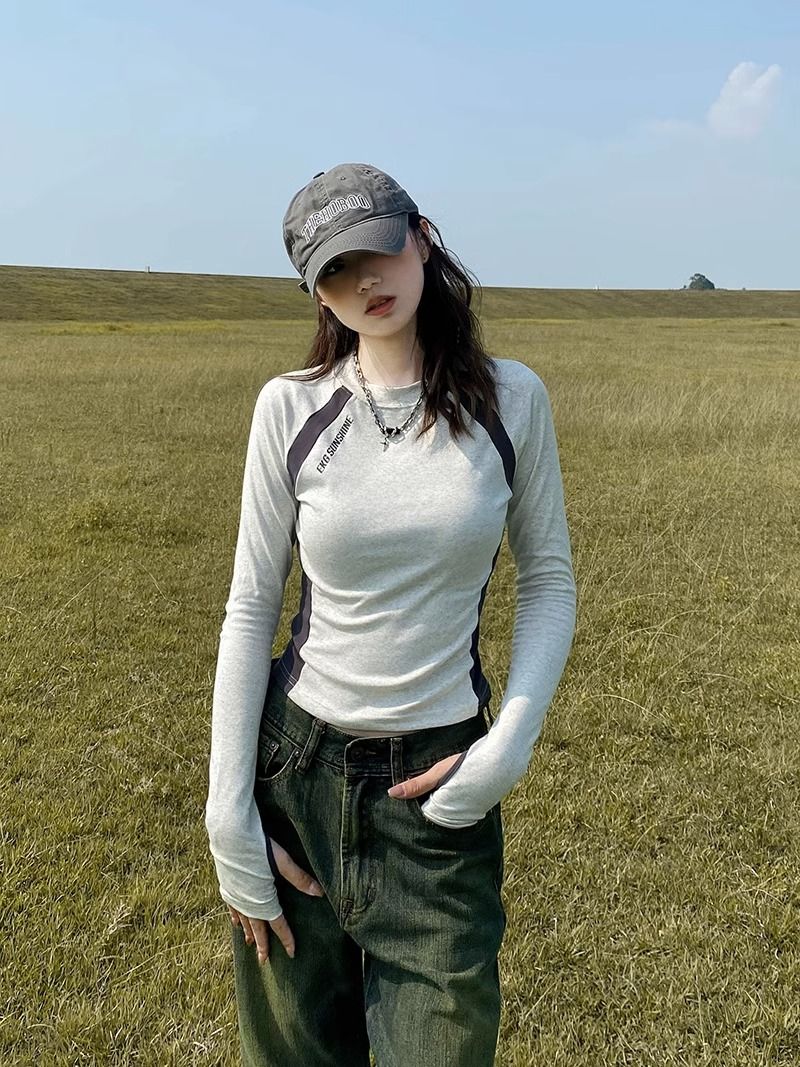 美式復古撞色正肩辣妹短款長袖T恤ins歐美修身打底衫上衣女ins潮