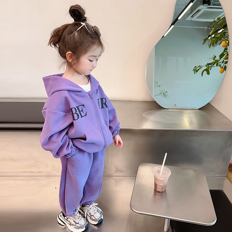 Girls  New Cardigan Hooded Sweatshirt Purple Autumn Cute Female Animation Letter Two-piece Set for Small and Medium-sized Children