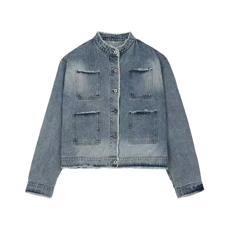 ONELYC1NS raw edge stand collar washed shoulder pad denim jacket men's Korean style autumn short jacket suit trend