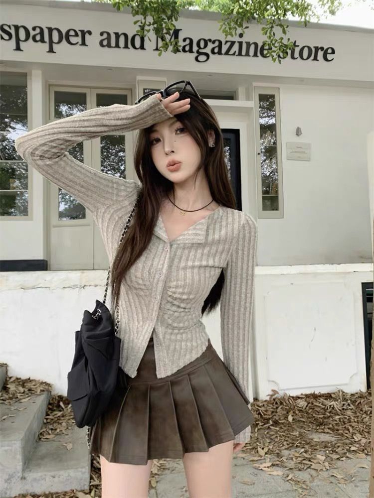 設計感甜酷辣妹小開衫長袖針織衫女秋季新款修身別致收腰顯瘦上衣