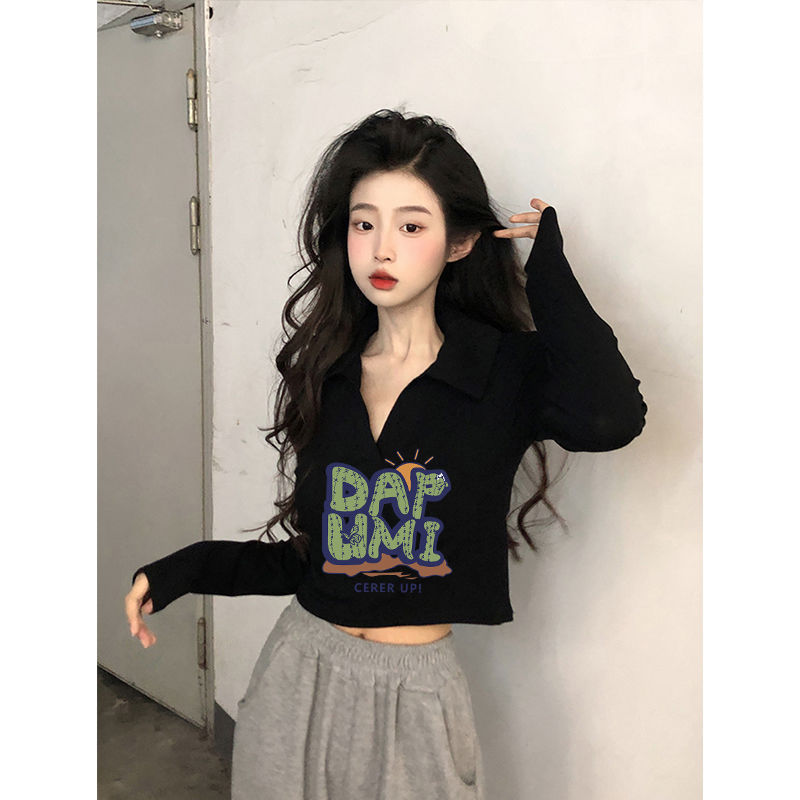 polo領純欲風短款長袖上衣女裝秋季辣妹設計感修身黑色打底衫T恤