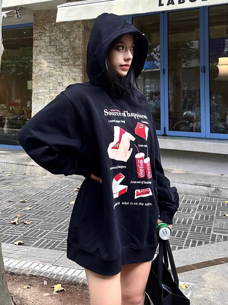 美式重磅衛衣女秋季字母印花黑色連帽衫外套寬鬆情侶oversize上衣