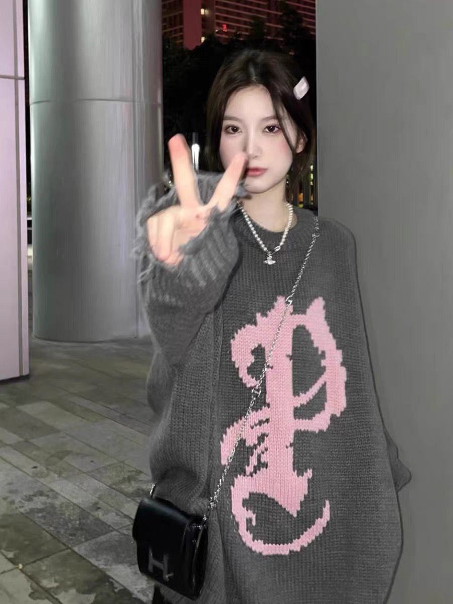 美式慵懶風復古做舊毛衣女秋冬破壞小眾圓領套頭情侶針織衫外套