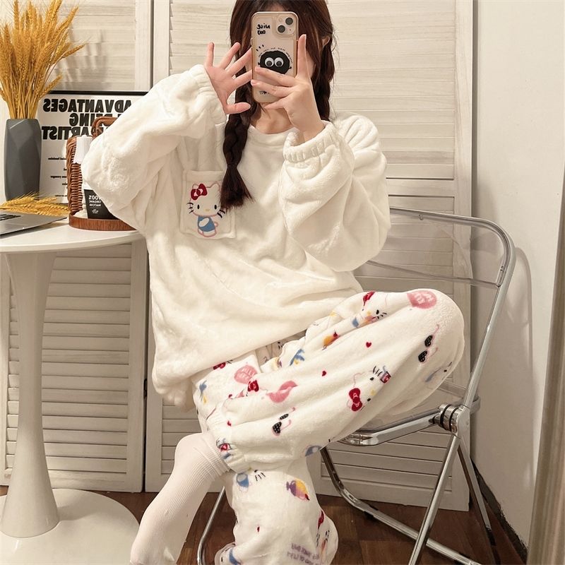 HelloKitty凱蒂貓珊瑚絨秋冬季睡衣女加絨加厚新款卡通家居服套裝