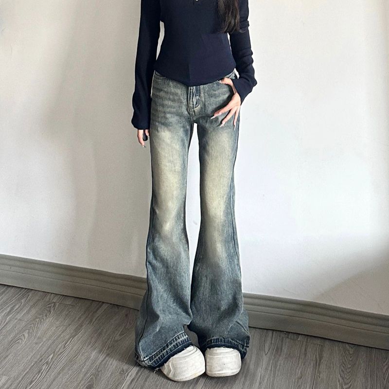 港風復古水洗淺色牛仔褲女小個子高腰寬鬆直筒拖地褲子微喇叭長褲