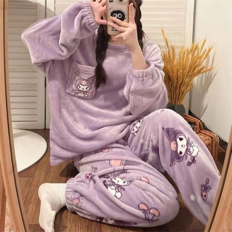 庫洛米珊瑚絨睡衣女秋冬季加絨加厚ins學生宿舍法蘭絨家居服套裝
