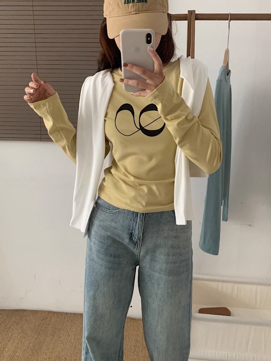 早秋新款韓版印花設計感圖案親膚百搭顯瘦打底長袖T恤上衣