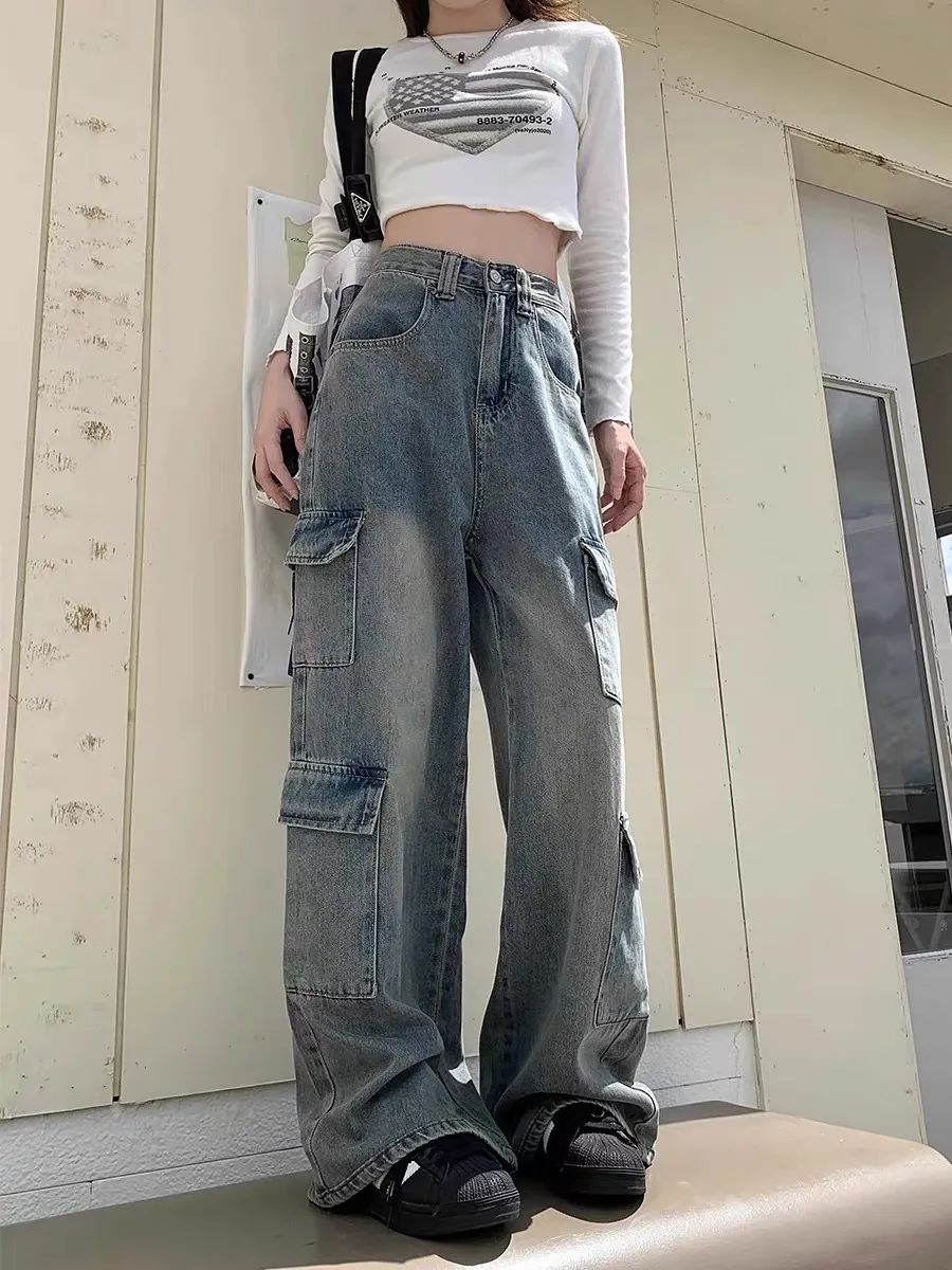 復古高街多口袋工裝牛仔褲女2023秋季新款高腰寬鬆顯瘦直筒闊腿褲