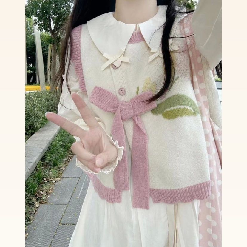 日系甜美可愛鬱金香蝴蝶結針織馬甲女學生秋季寬鬆百搭長裙兩件套
