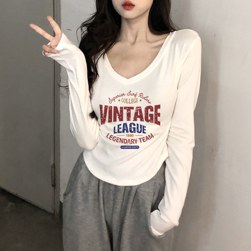 不規則長袖短款上衣女秋冬款辣妹V領修身顯瘦高級白色打底小衫T恤