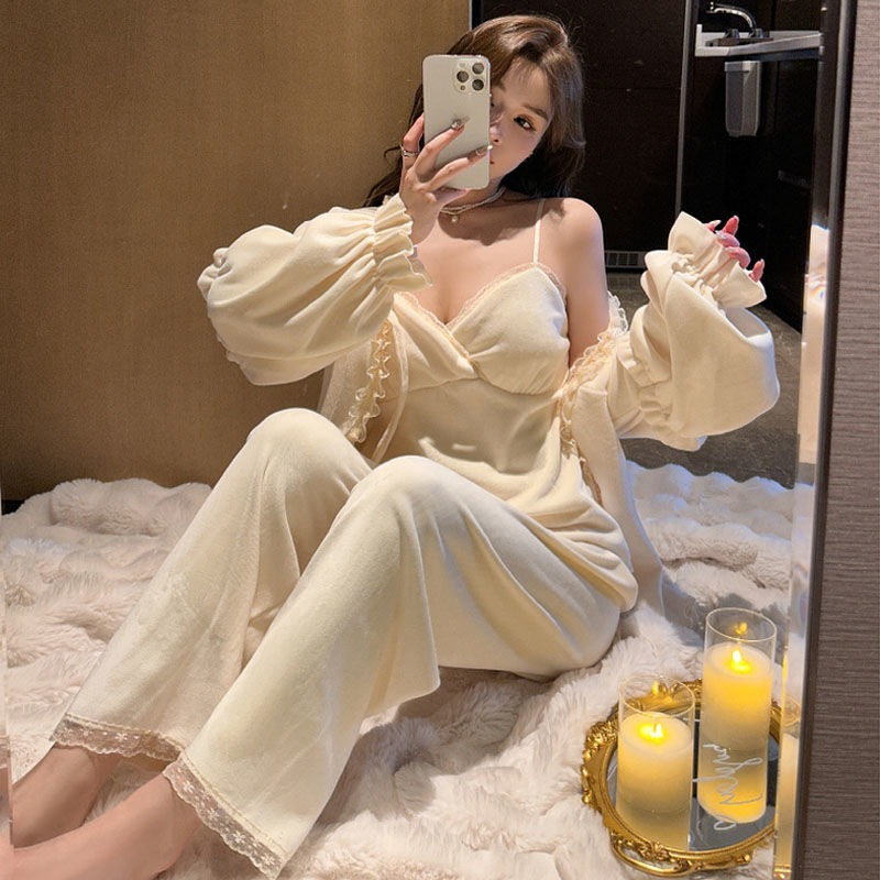 海島絨睡衣女秋冬季珊瑚絨加厚加絨三件套網紅風高級感家居服冬天