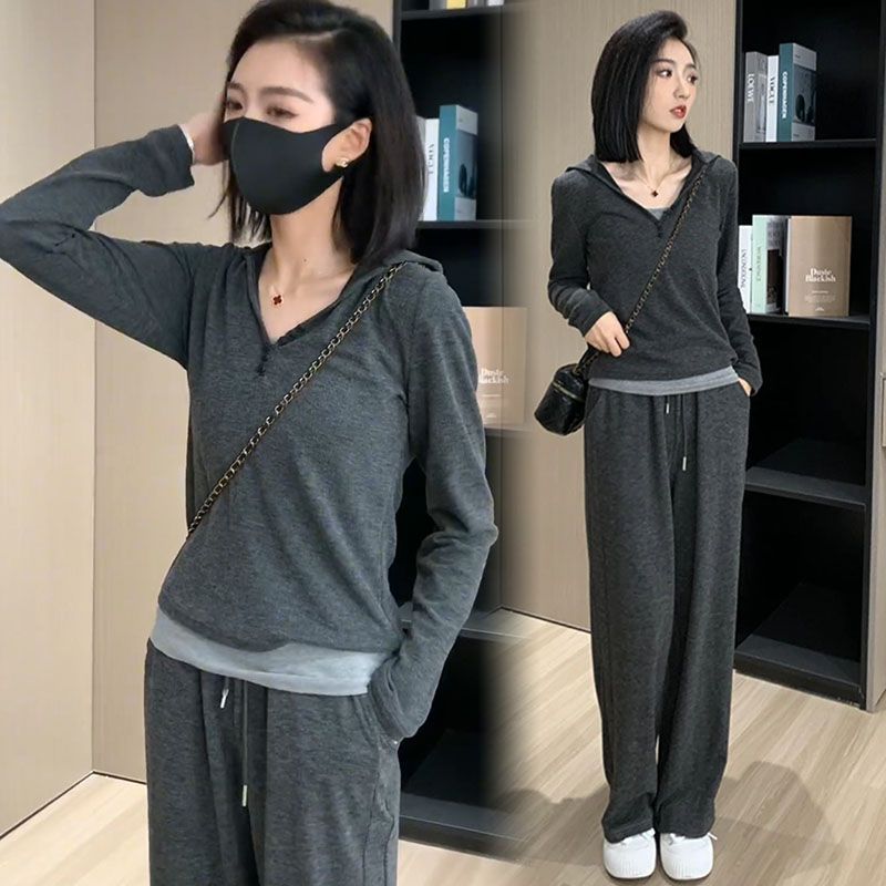 藍海奕諾連帽上衣吊帶休閒長褲套裝女2023秋裝垂感顯瘦運動三件套