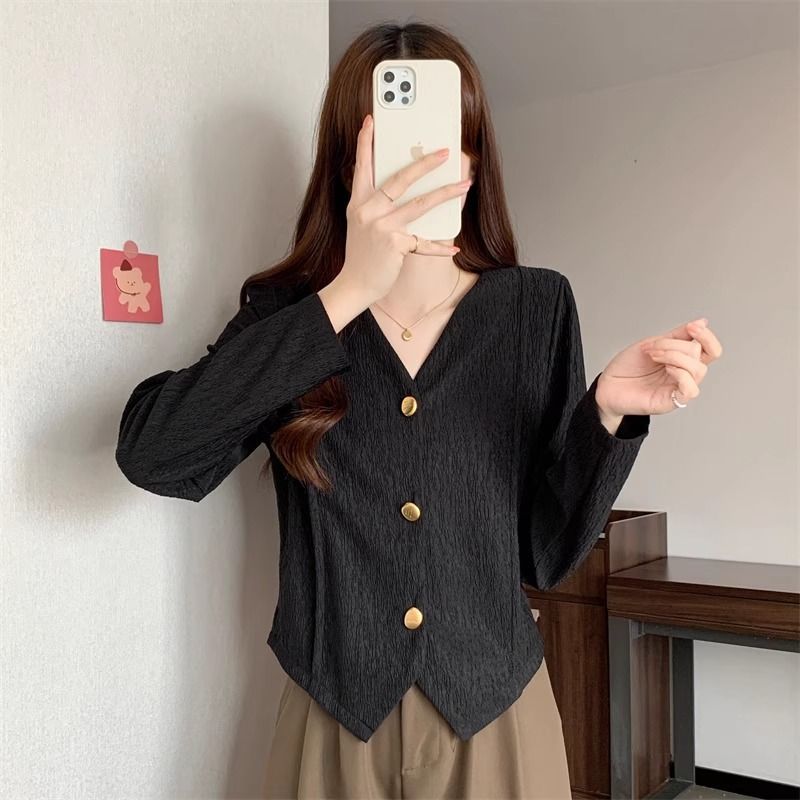 秋裝女2023年新款設計感名媛風氣質V領短款外套寬鬆顯瘦開衫上衣
