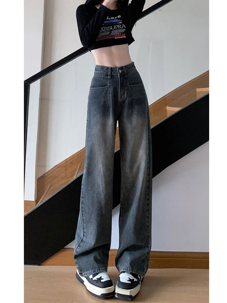 美式復古闊腿牛仔褲女秋季新款設計感高腰寬鬆顯瘦直筒拖地褲子潮