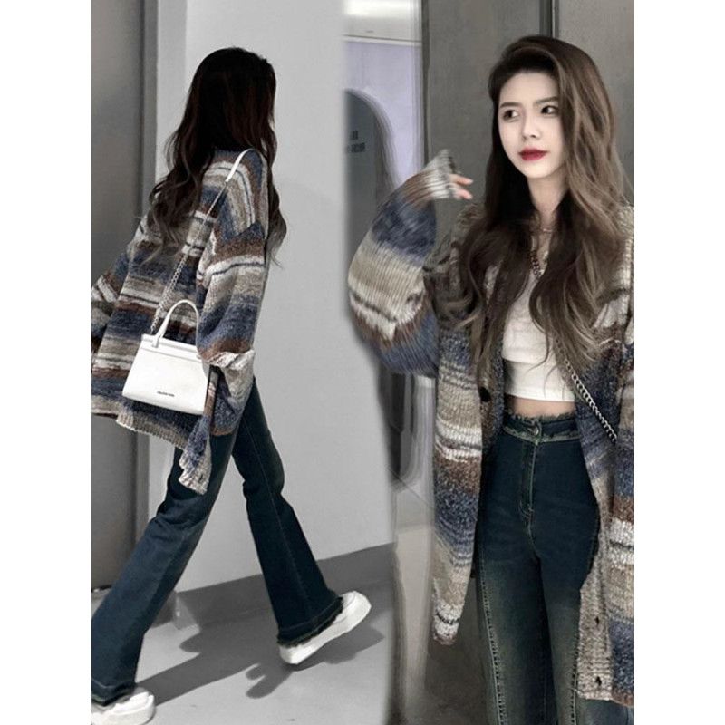 韓版撞色條紋開衫毛衣外套女秋冬薄款設計感小眾寬鬆慵懶針織上衣