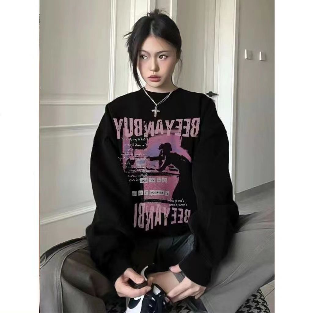 2023春秋冬季新款圓領加絨黑色衛衣女寬鬆oversize長袖顯瘦上衣潮