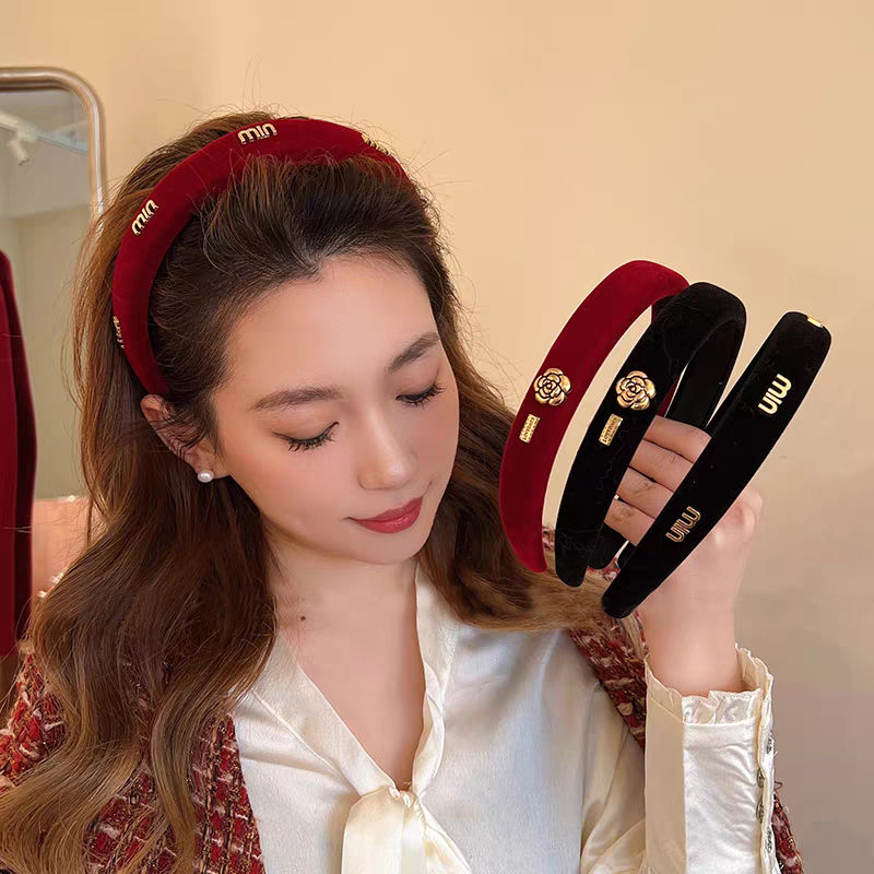 高顱頂復古發箍女韓國2023年新款網紅壓發頭箍紅色絲絨大寬邊發卡