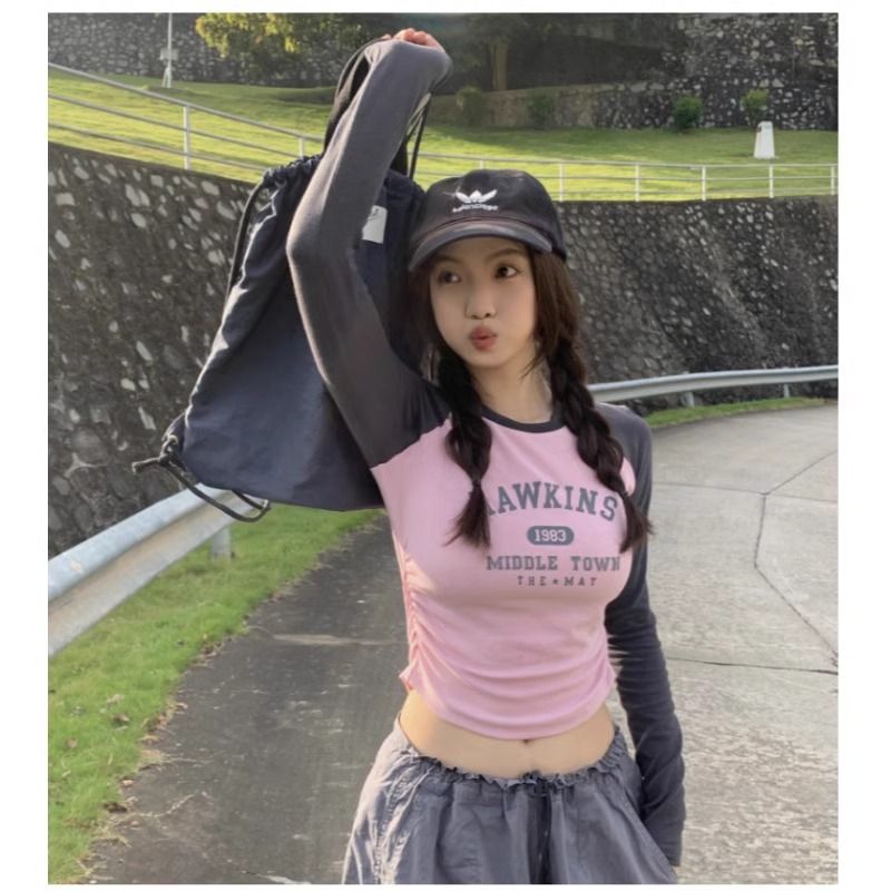 美式插肩印花長袖T恤女裝秋季新款辣妹褶皺修身短款百搭打底上衣