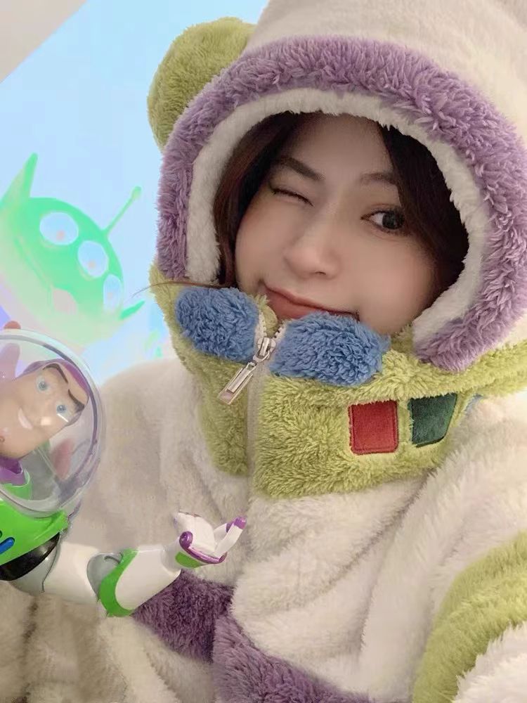 睡衣女冬季珊瑚絨加厚加絨法卡通可愛巴斯光年蘭絨連帽家居服套裝