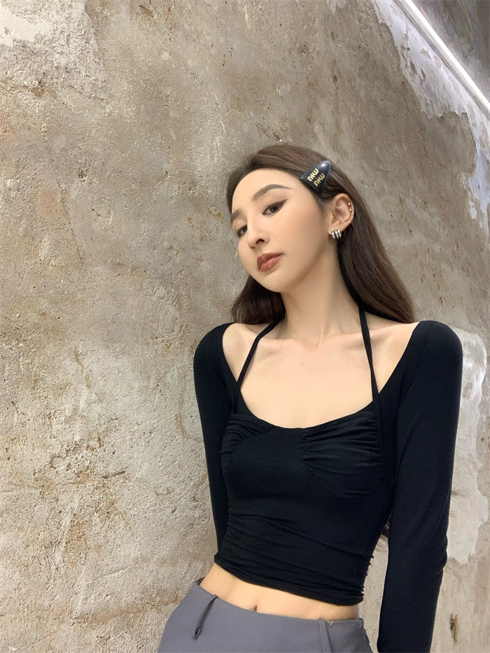 秋冬純欲辣妹韓版緊身顯瘦掛脖打底衫女內搭獨特收腰上衣長袖T恤