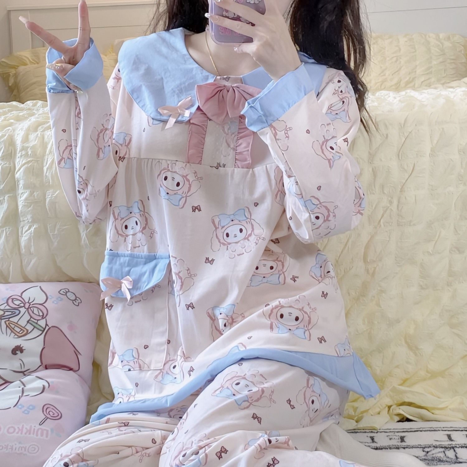 可愛美樂蒂睡衣女春秋冬季新款娃娃領長袖長褲卡通學生家居服套裝