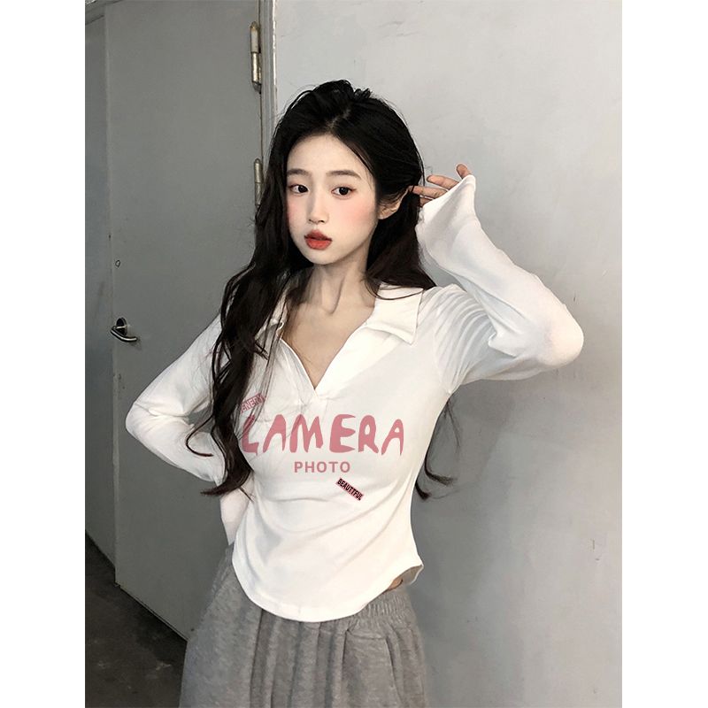 polo領純欲風長袖T恤女新款早秋設計感小眾修身顯瘦短款辣妹上衣