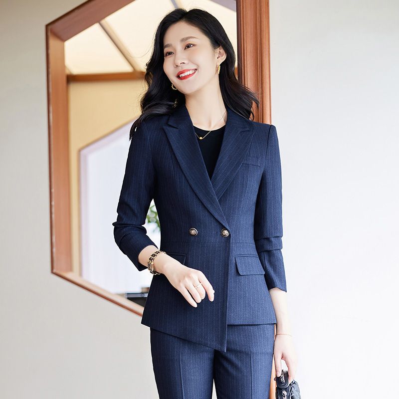 Blue suit suit for women spring and autumn new temperament professional wear hotel manager work clothes striped suit work clothes