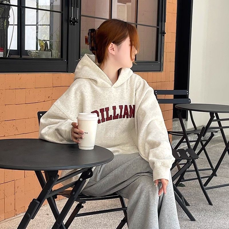 American retro letter print hooded white and gray sweatshirt for women autumn and winter new heavyweight pure cotton silver fox velvet jacket trendy