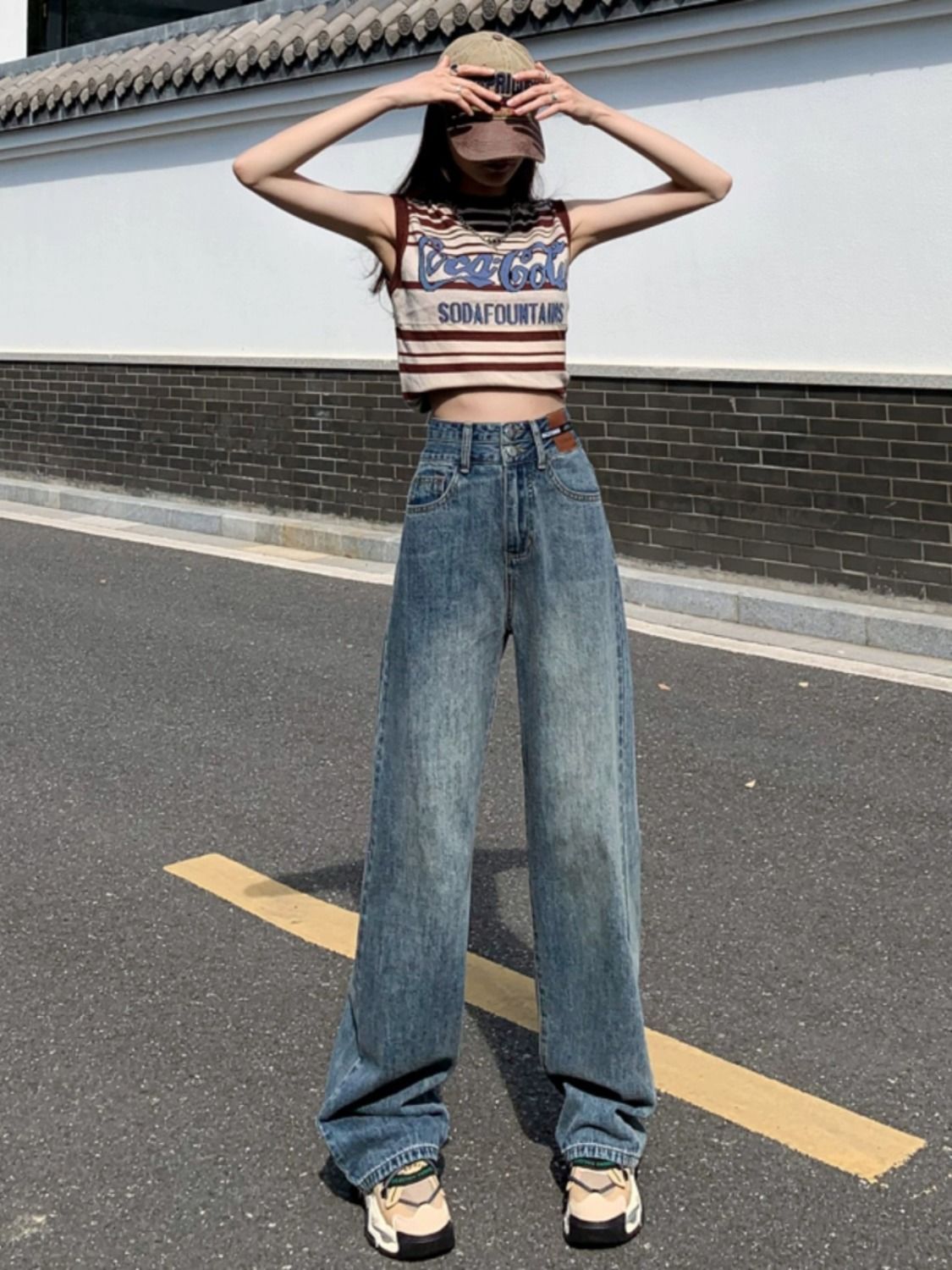 復古藍闊腿牛仔褲女2023秋季新款小個子高腰顯瘦窄版直筒拖地褲子
