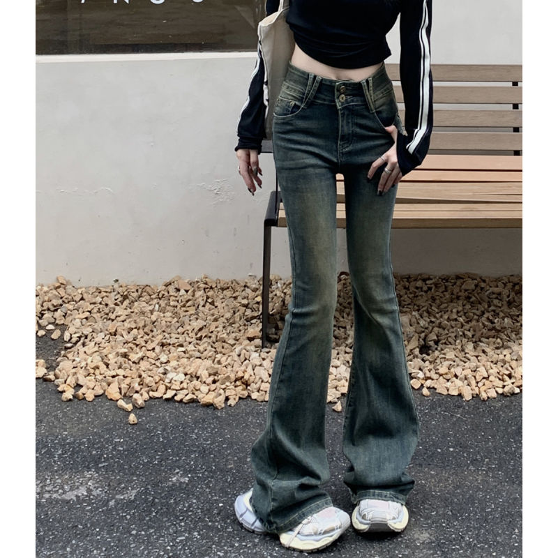 美式復古做舊微喇牛仔褲女秋季小個子高腰彈力修身直筒馬蹄長褲潮