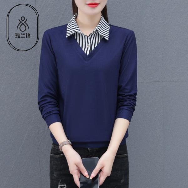 雅蘭錦春秋季新款假兩件襯衫女士長袖韓版氣質職業裝修身高檔襯衫