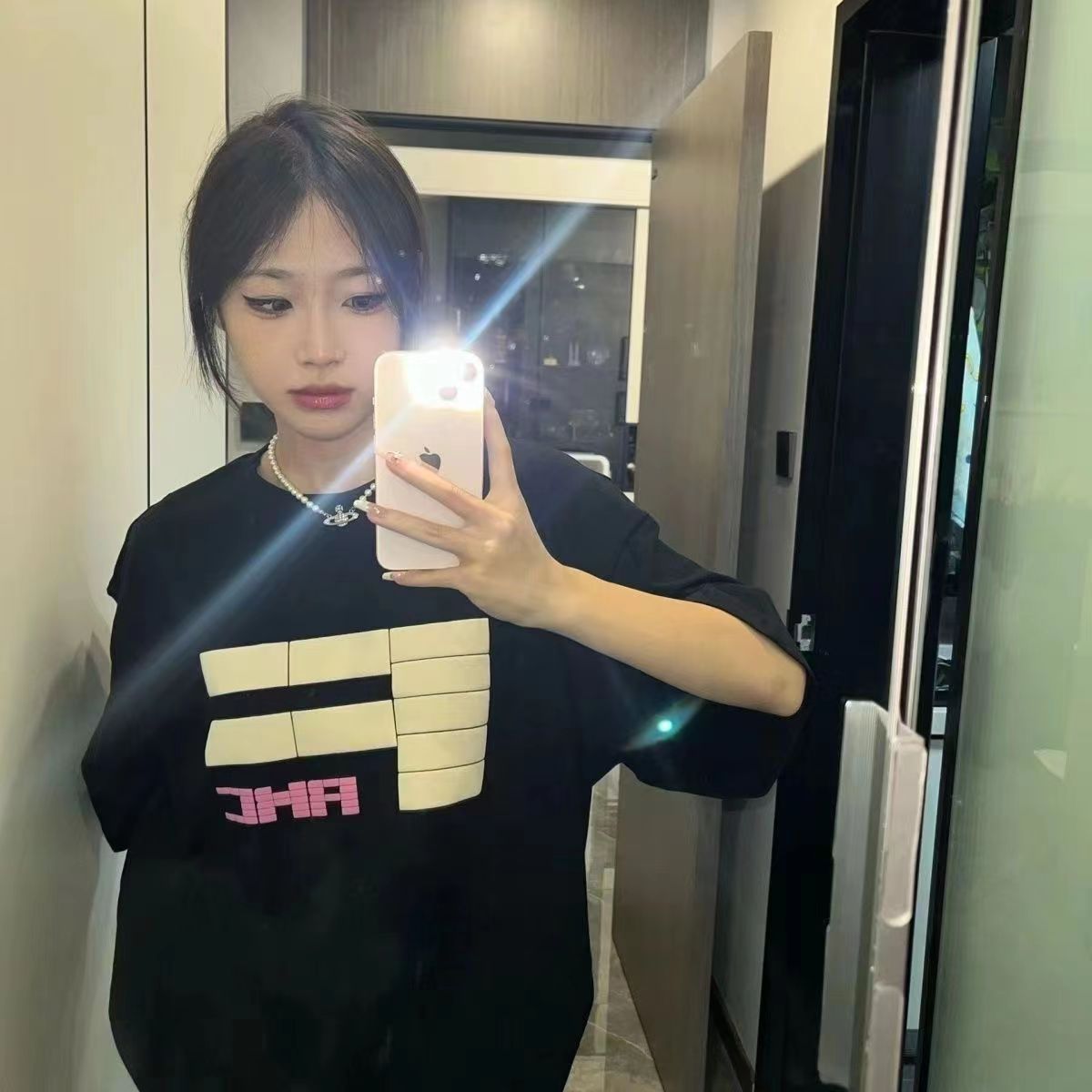 100%美式字母印花黑色短袖T恤女夏季潮流oversize寬鬆休閒上衣服