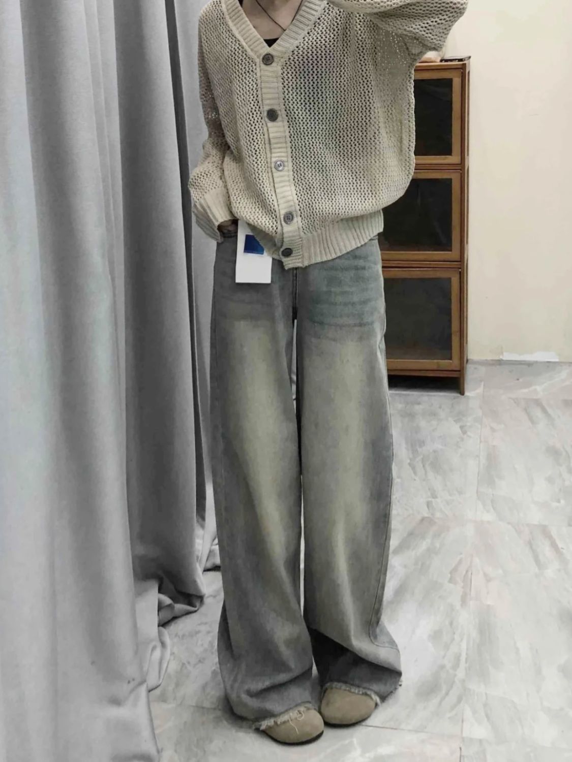 復古做舊毛邊闊腿牛仔褲女秋季小眾高腰寬鬆顯瘦垂感直筒拖地長褲