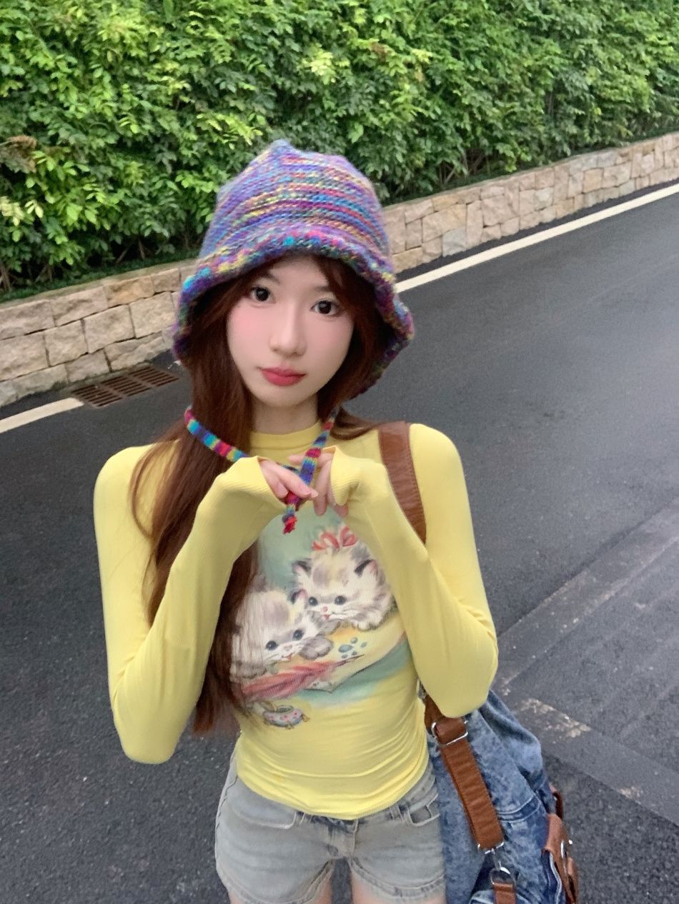 辣妹可愛貓咪印花長袖T恤女秋冬純欲修身顯瘦外穿內搭打底衫上衣