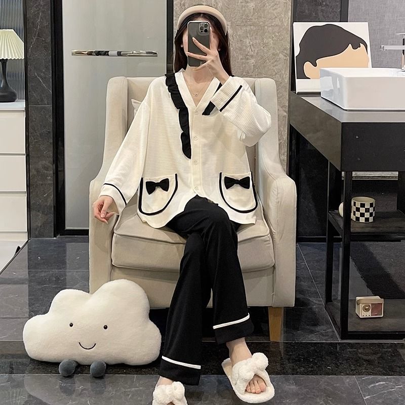 睡衣女春秋季2023新款純棉長袖黑褲大碼時尚網紅風冬夏套裝家居服