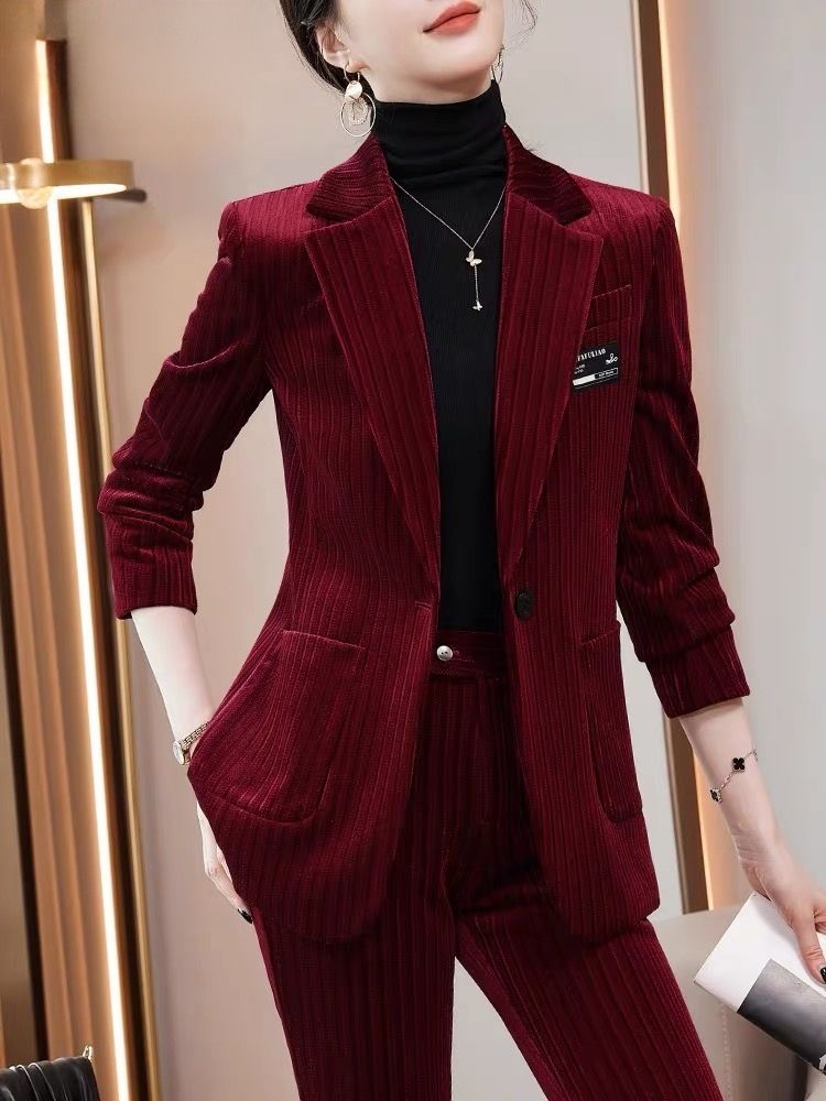 西裝外套女2023新款棗紅色燈芯絨西服工作服套裝時尚洋氣職業正裝