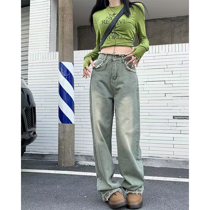 美式綠色毛邊闊腿牛仔褲女秋季ins新款復古高腰寬鬆拖地直筒褲子