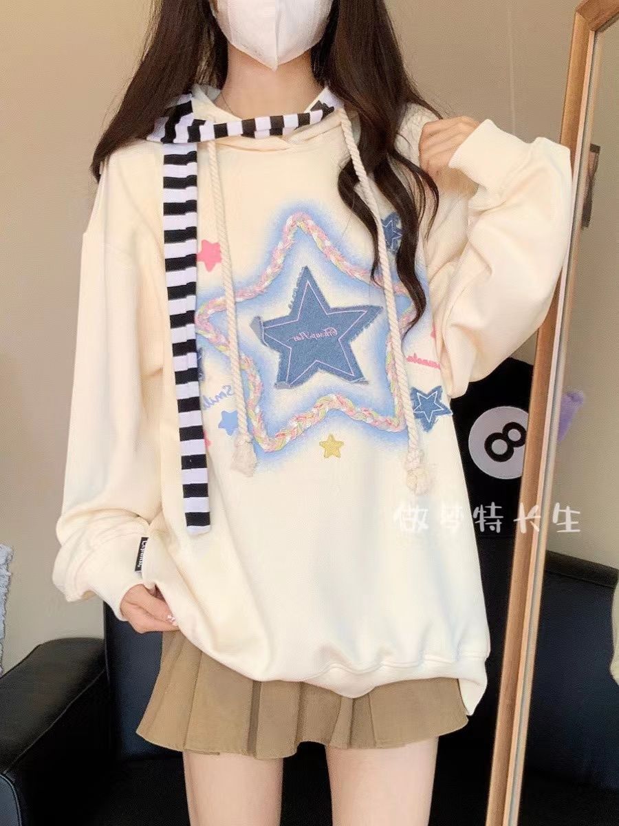 美式復古早秋設計感小眾貼布星星連帽衛衣女甜酷風寬鬆套頭衣服