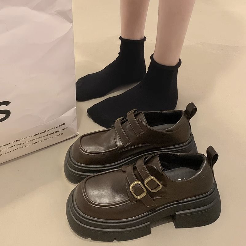 松糕厚底英倫風小皮鞋女2023新款復古百搭蝴蝶扣圓頭瑪麗珍單鞋子