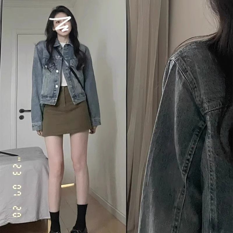 美式牛仔外套女春秋季2023新款港味復古chic短款顯瘦大碼夾克上衣